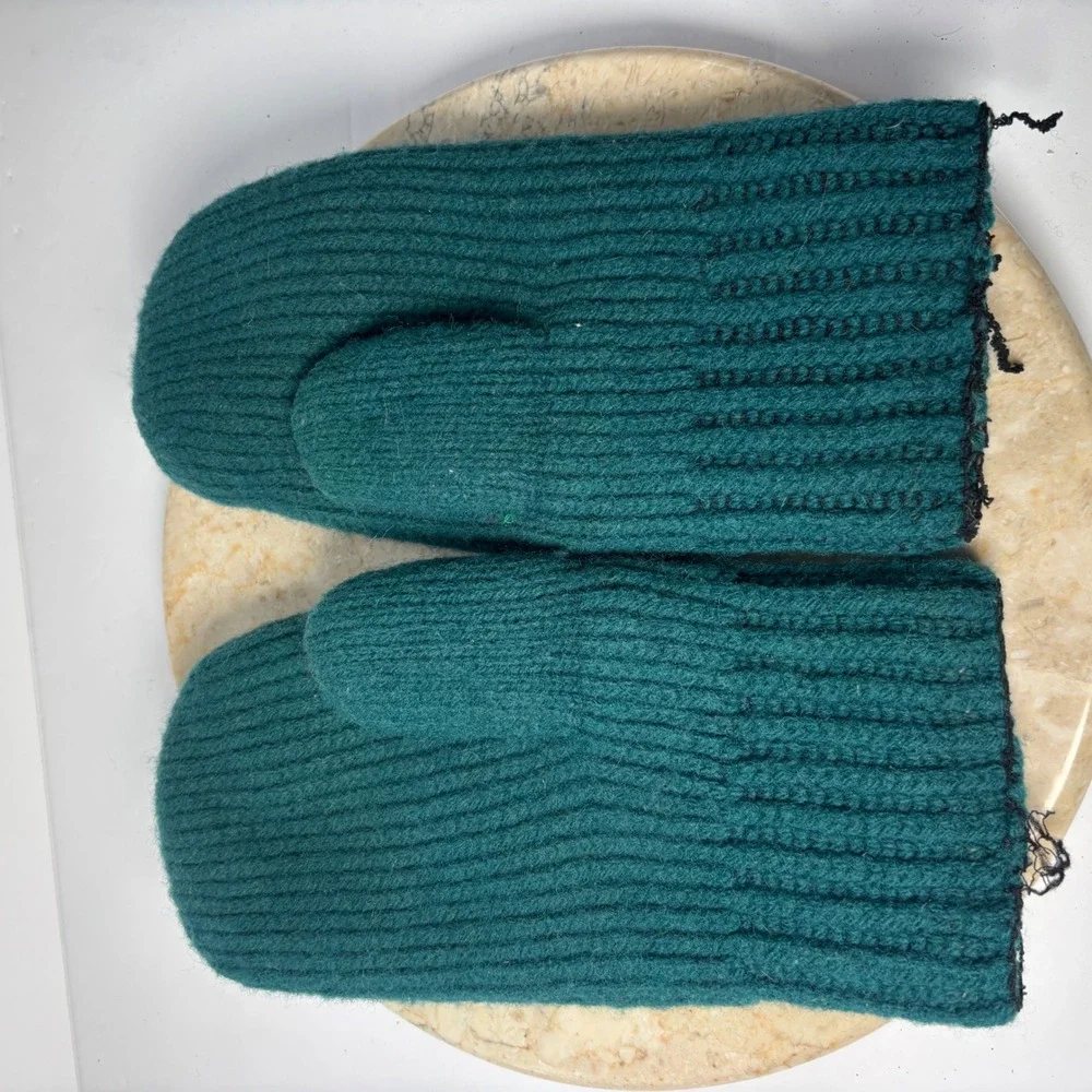 Vintage Wool Ribbed‎ Knit Mittens Large Teal Green Insulated Heavyweight Winter